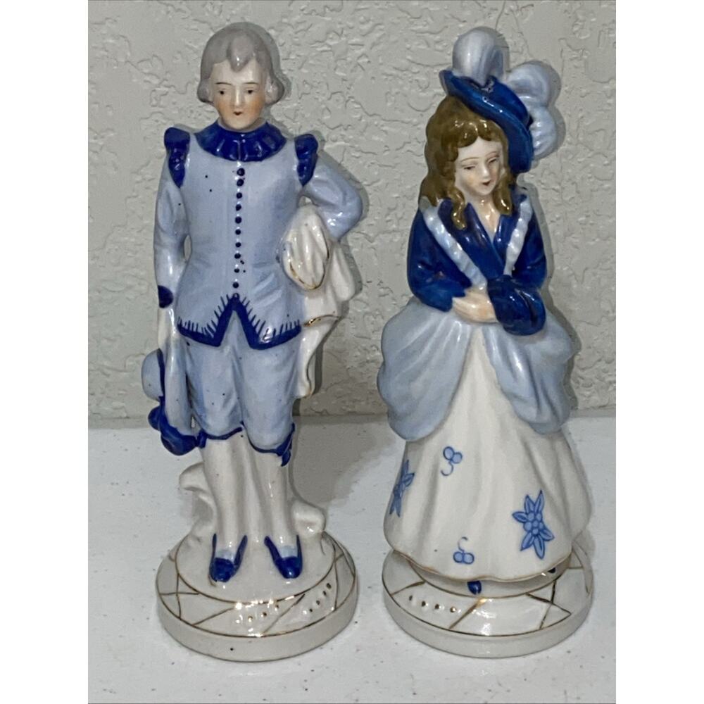 VTG‎ Occupied Japan Blue Delft Victorian Colonial Courting Couple Man Woman 8”